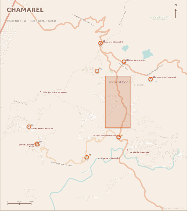 Map of Mauritius showing Chamarel in the south-west highlands