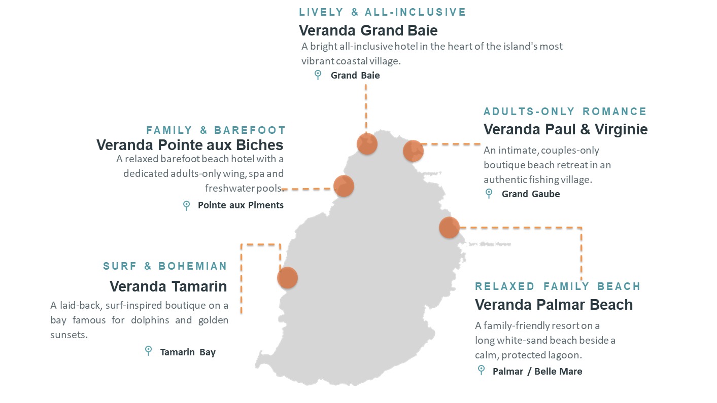 Map of Mauritius showing the locations of the five Veranda hotels